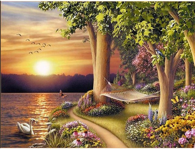 FIYO 5D-Diamantgemälde Sonnenuntergang zum Selbermachen, Mosaik-Stickerei in Beige und Multicolour, Breite: 20 cm, Höhe: 30 cm - Bild 1