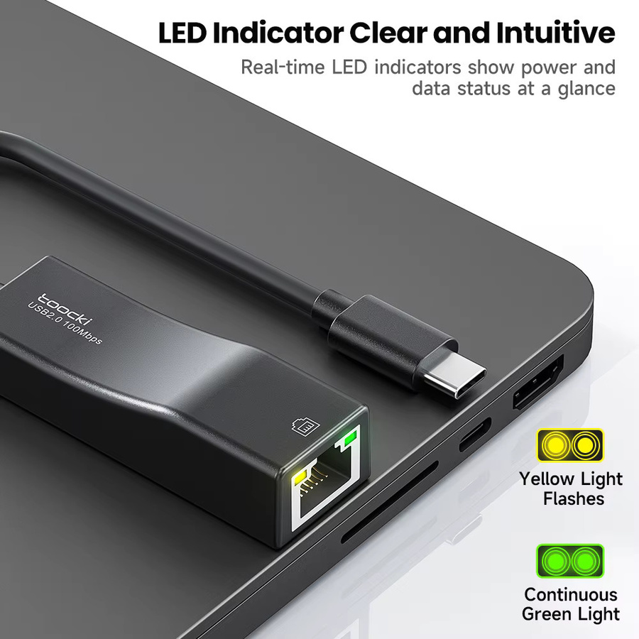 Toocki USB 2.0 und Typ-C Ethernet-Adapter mit LED-Anzeige, 100 Mbit/s RJ45 LAN-Netzwerkkarte für Windows, Mac und iPad OS, Schwarz - Bild 4