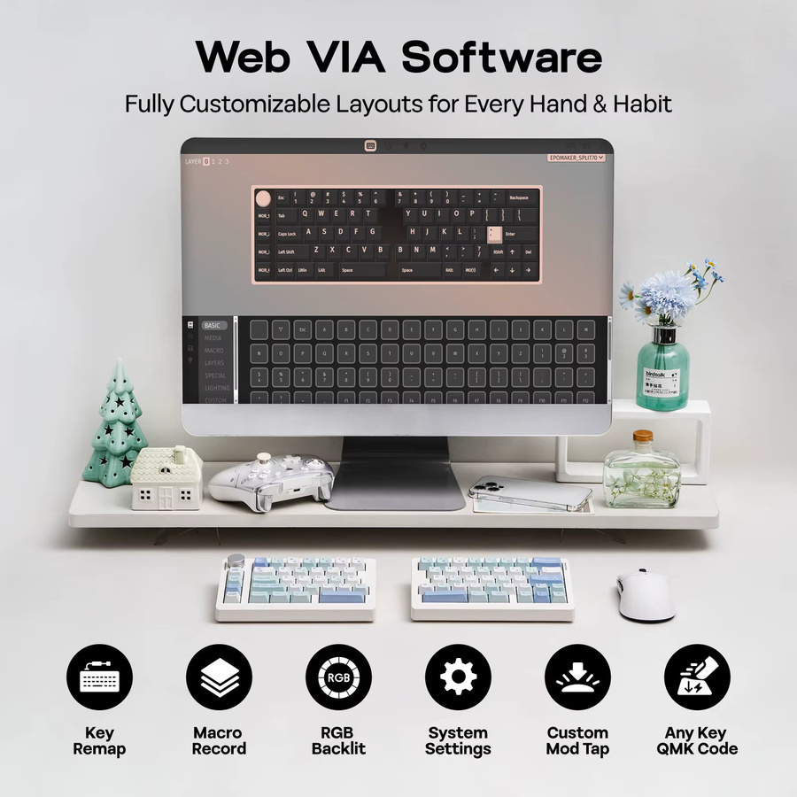 EPOMAKER Split70 QMK/VIA mechanische Gaming-Tastatur im 70 % Split-Layout mit Hot-Swap, kabellos via Bluetooth oder 2,4 GHz und kabelgebunden, weiß-blau - Bild 3