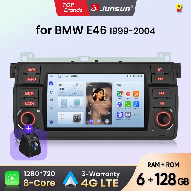 Junsun 7 Zoll Kabelloses CarPlay und Android Auto Autoradio für BMW E46 in Schwarz mit IPS Touchscreen und Multimedia-Funktionen - Bild 1