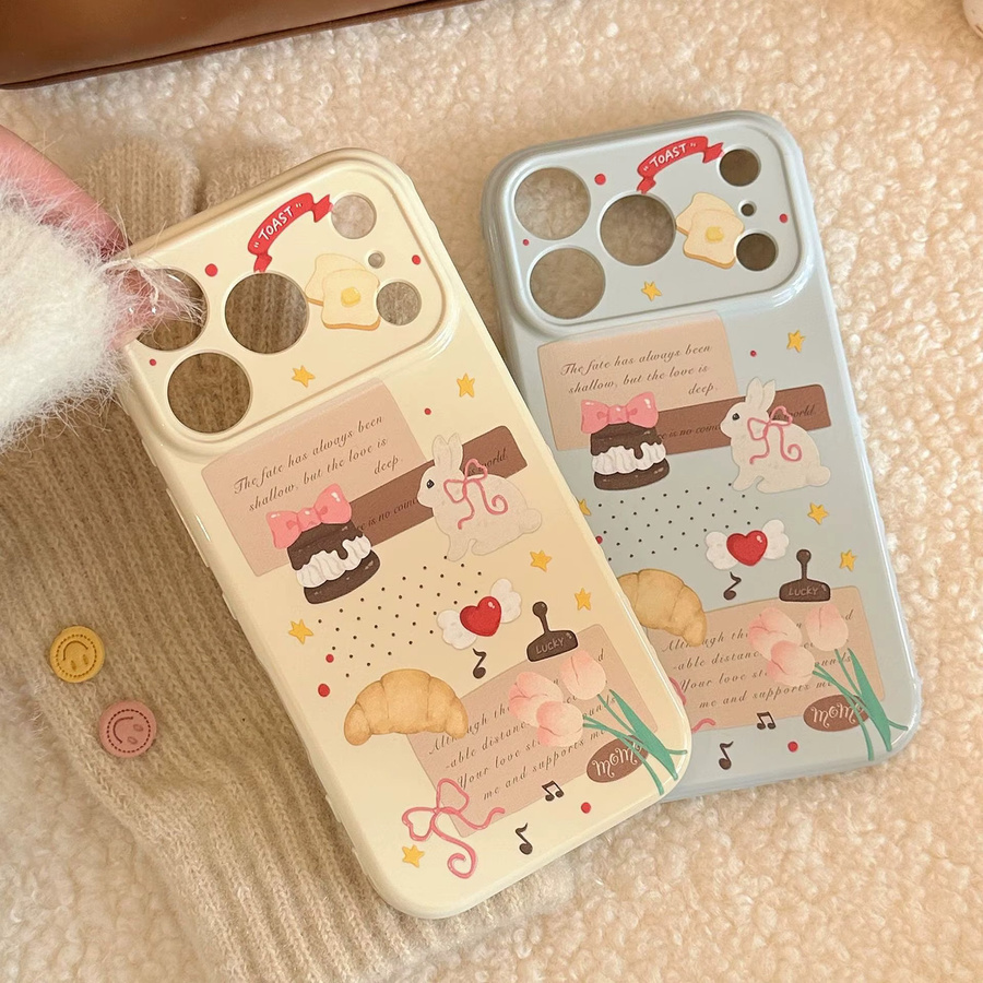 Stoßfeste iPhone Handyhülle mit süßem koreanischem Cartoon-Häschen-Brot-Muster für iPhone 17, 16, 15, 14, 13, 12 Pro Max von Potdemiel - Bild 1
