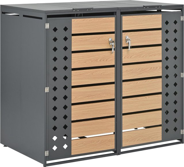 Mülltonnenbox GL Store aus verzinktem Stahl mit hydraulischem Klappdeckel, zwei separaten Fächern und abschließbaren Türen, Farbe: Grau und Natur, B/T/H: 132 x 80 x 118,5 cm - Bild 1