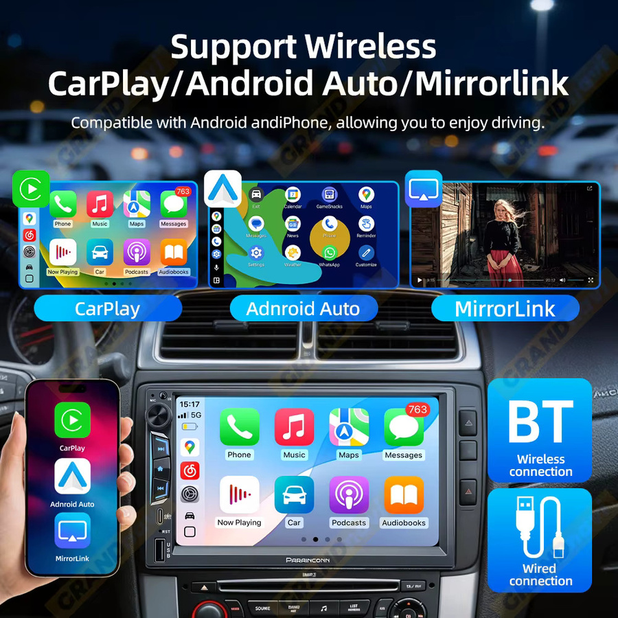 Grandnavi 2DIN 7-Zoll Autoradio MP5-Player mit Bluetooth, kabellosem CarPlay, Android Auto und Mirrorlink in Schwarz - Bild 3