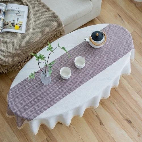 Ovale Tischdecke von JINGYUE Pet mit Streifenmuster und Spitzenbordüre aus Baumwollleinen, Mehrfarbig, B: 140 cm, T: 90 cm - Bild 1