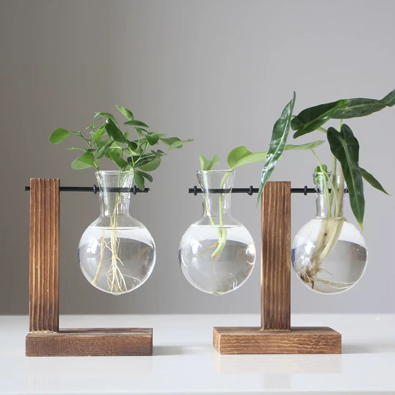 Kreative Glühbirnen Vase aus Glas mit Holzständer für Hydrokultur und Schnittblumen, transparent und rund, im skandinavischen Design - Bild 2