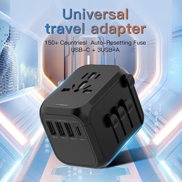 HKLAMIN Universeller Reiseadapter mit 3x USB und USB-C Schnellladung in Schwarz - Bild 1
