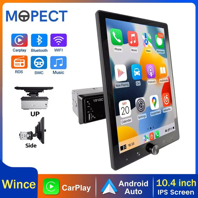 MOPECT 10,4 Zoll Single DIN Autoradio mit drehbarem IPS Touchscreen, Apple CarPlay und Android Auto, Multimedia-Player in Schwarz mit Bluetooth, USB und FM - Bild 1