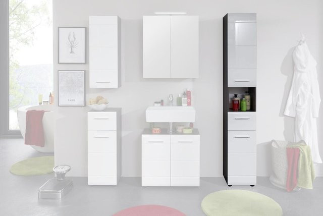 Trendteam Badhochschrank LineSkinBD in Weiß und Grau, Hochglanz, B/H/T: 30 x 182 x 31 cm - Bild 1