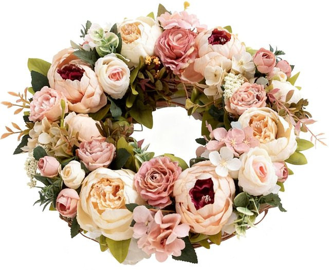 Koogeelife Pfingstrosenkranz aus Seidenblumen in Champagner und Beige zur floralen Dekoration für Innen und Außen - Bild 1