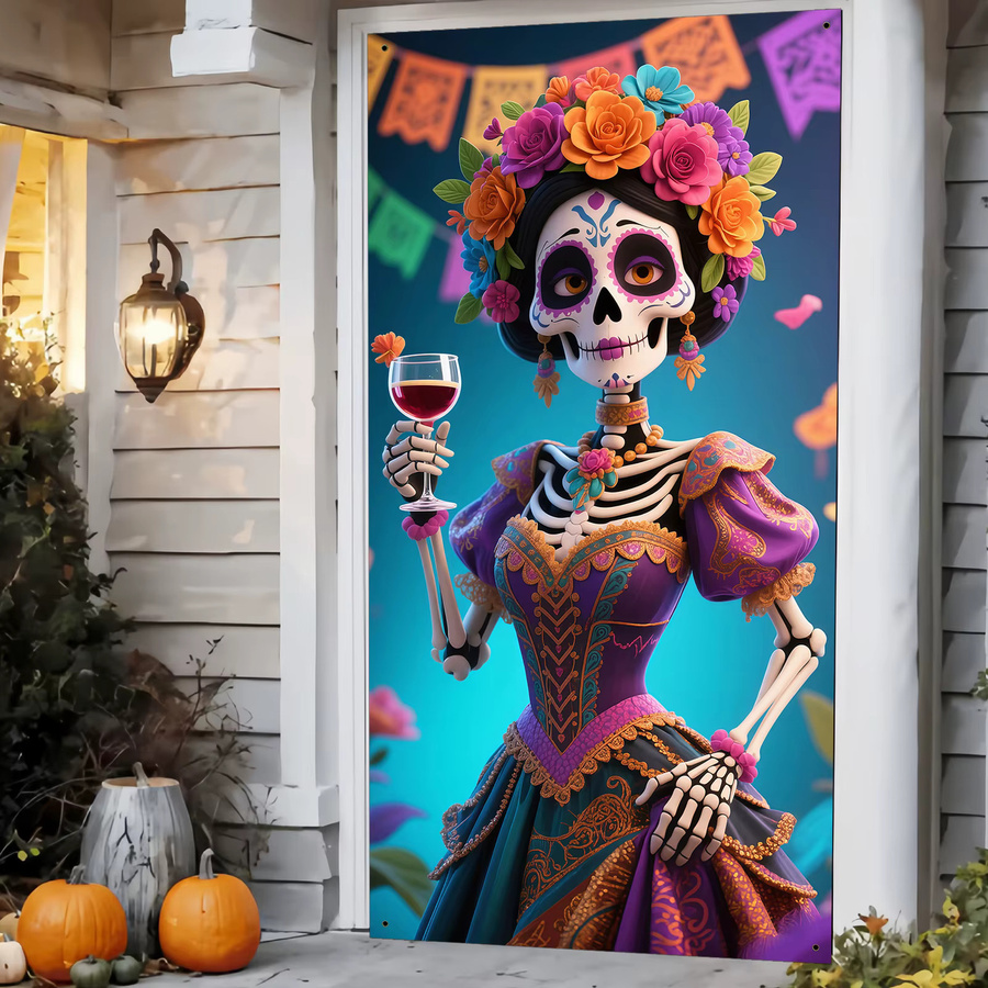 Mexikanisches Tag der Toten und Halloween Party-Banner aus Polyester, Mehrfarbige Wanddekoration mit Blumenmuster, B/H: 90 x 180 cm - Bild 4