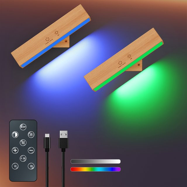 Yilaie LED Wandleuchte aus Holz, dimmbare Nachttischlampe mit Touch-Funktion, wiederaufladbar und selbstklebend zur Wandmontage - Bild 1