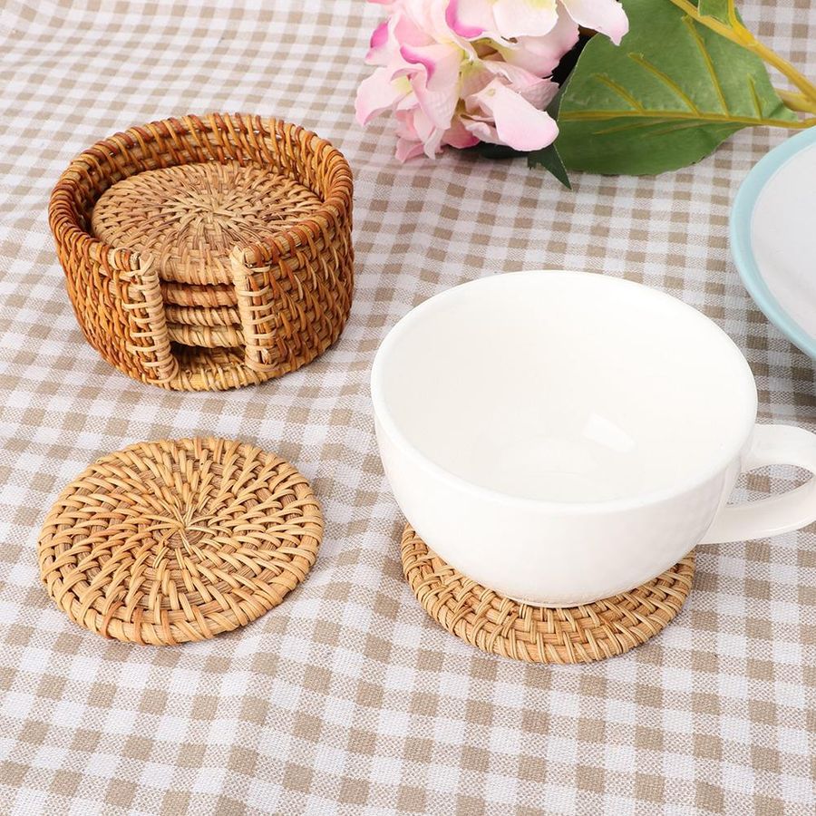 6 Stück mfySpace Vintage Rattan Untersetzer für Tee und Getränke, runde Isoliermatten aus geflochtenem Rattan - Bild 3