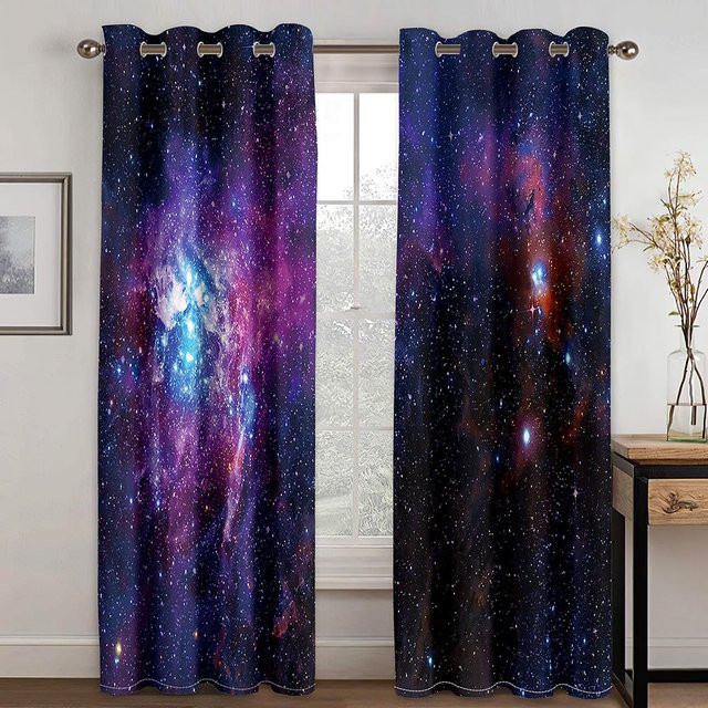 2er-Set moderne Vorhänge mit 3D Sternenhimmel und Polarlichter Design, halbtransparent, mehrfarbig, B: 100 cm, H: 130 cm - Bild 1