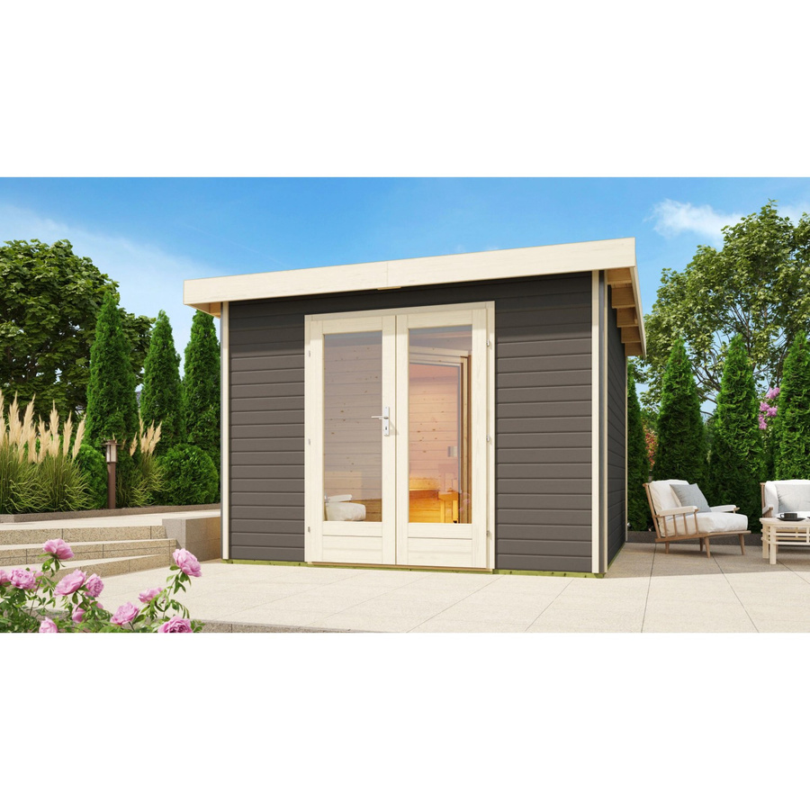 Karibu Saunahaus Magnus 1 Set in Terragrau aus nordischer Fichte mit 9 kW Bio-Ofen und externer Steuerung - Bild 2