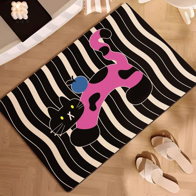 Rutschfeste Cartoon Badezimmer Fußmatte aus Kieselgur, schnelltrocknende und saugfähige Bodenmatte mit Tier-Motiv in Schwarz, B/B: 40 x 60 cm - Bild 1