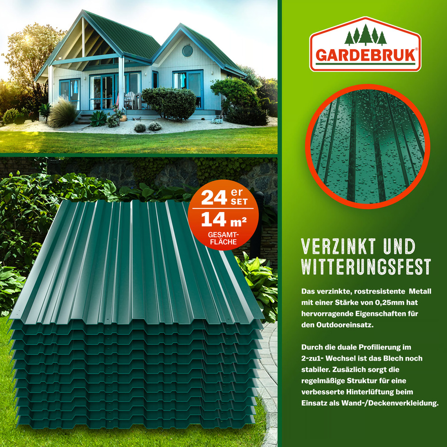 GARDEBRUK Trapezblech 24er-Set Grün, B: 129 cm, H: 46 cm, vorgebohrt - Bild 2