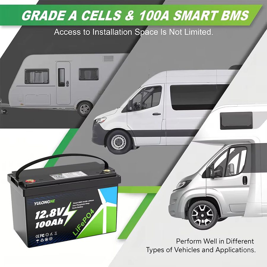 YULONGNE LiFePO4 Batterie 12,8V 100Ah mit Smart BMS, Deep-Cycle Lithium-Eisenphosphat-Batterie in Schwarz für Solar, Wohnmobile und Boote - Bild 5