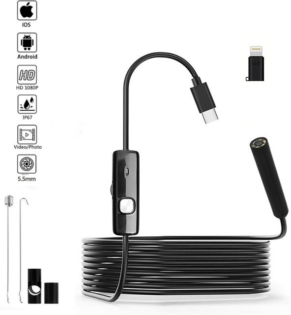 Meseelong Endoskopkamera mit USB-C-Anschluss für iPhone und Android, wasserdicht mit 8 LEDs, Farbe: Schwarz - Bild 1