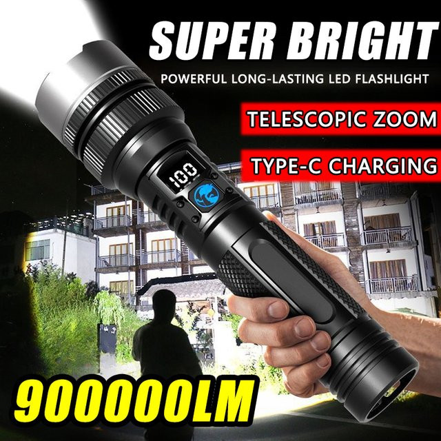 KDULIT LED-Taschenlampe mit 900000 LM und Digitalanzeige, wiederaufladbare Zoom-Taschenlampe mit Typ-C für Camping und Wandern - Bild 1