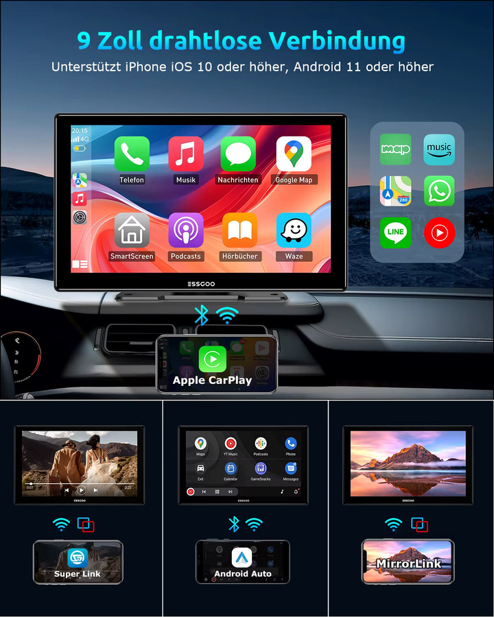 ESSGOO 9-Zoll Universelles Tragbares Carplay IPS Touchscreen Autoradio für LKWs mit Android Auto, Mirror Link, AUX, FM, USB und Bluetooth in Schwarz - Bild 2