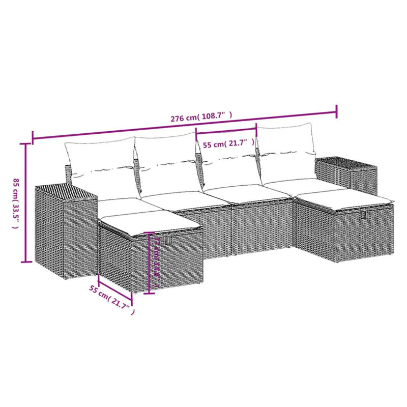 vidaXL 6-teilige Garten-Sofagarnitur in L-Form aus Poly Rattan und Metall in Grau mit Kissen und Ottoman - Bild 4