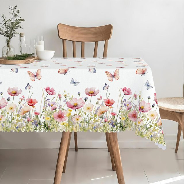 JMG Household Supplies Tischdecke mit Aquarell Wildblumen und Schmetterlingsdruck, Weiß, B/B: 140 x 140 cm - Bild 1