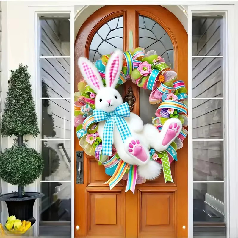 HEGO Osterhasen-Girlande aus Polyester mit bunten Plüschkaninchen als dekorative Türabdeckung für drinnen und draußen - Bild 2