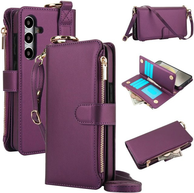 Leder Geldbörse Hülle mit Ring Lanyard und Reißverschluss für Samsung Galaxy S24 Ultra S23 S22 S25 Ultra A55 A54 A15 A14 A16 in Purple - Bild 1