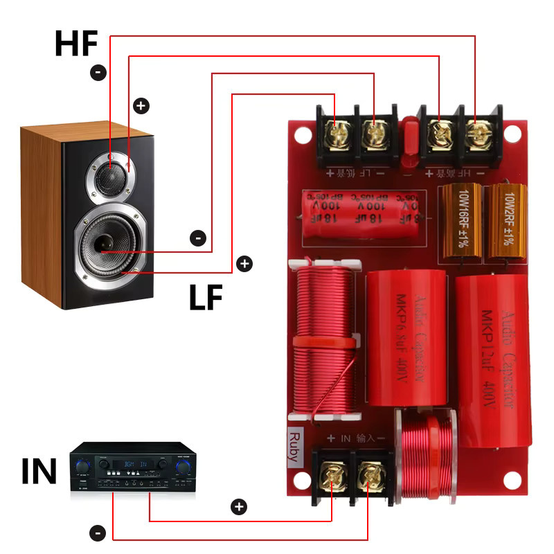 WMAT Hi-Fi 2-Wege-Frequenzweiche 250W Crossover-Netzwerk DIY-Kit für 6,5-8 Zoll Lautsprecher in Rot - Bild 4