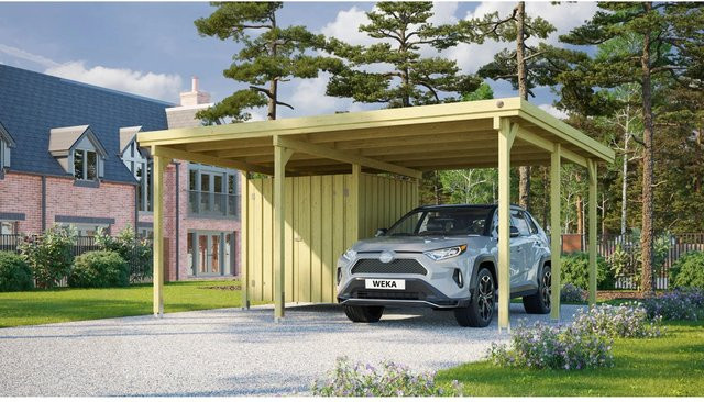 WEKA Einzelcarport 607 Größe 1 mit Geräteraum aus braunem Nadelholz und PVC-Dachplatten, B/T: 512 x 389 cm - Bild 1