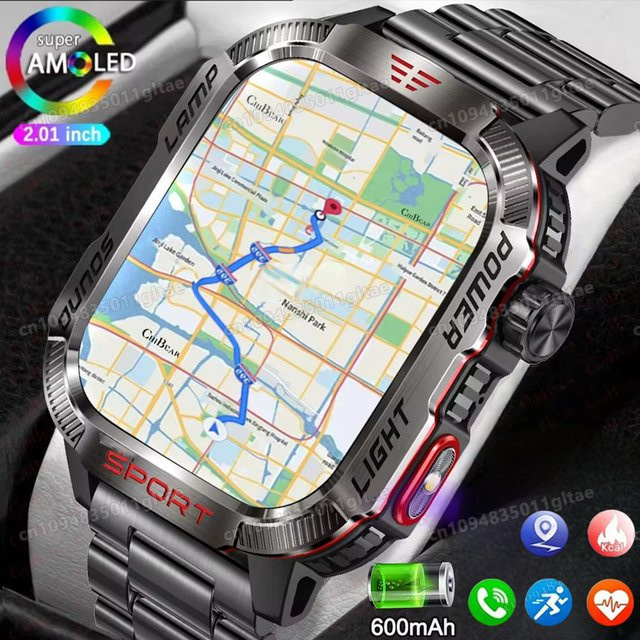 Ola Esporte Outdoor-Sport-Smartwatch für Damen und Herren in Schwarz mit 2,01 Zoll Display, GPS-Tracker, LED-Taschenlampe, Bluetooth-Anruffunktion und wasserfestem Gehäuse - Bild 1