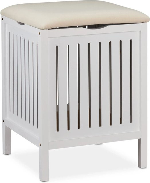 Relaxdays Wäschekorb mit Sitz aus Kiefernholz in Weiß, gepolstert mit Stauraum im Landhausstil, B/T/H: 55 x 41 x 41 cm - Bild 1