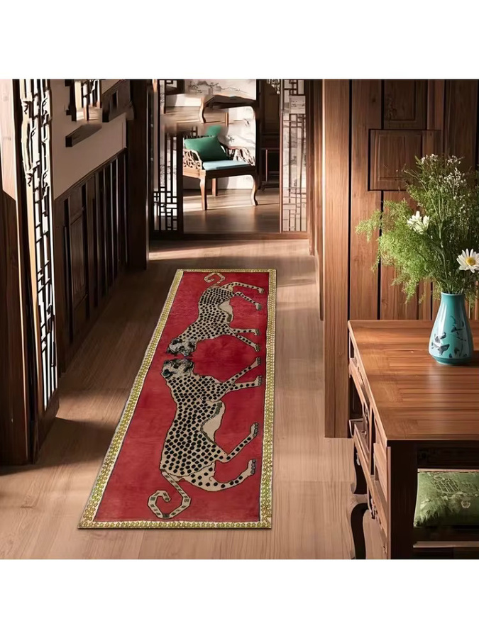 Leopardenmuster-Läufer in Rot mit Goldrand für Wohnzimmer, Flur, Schlafzimmer und Außenbereich - Bild 2