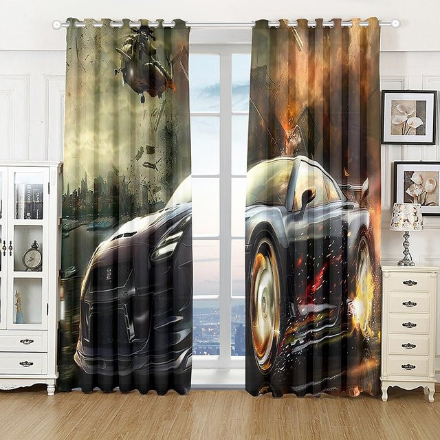 A Family Of Home Textiles 3D-Vorhang mit schwarzem Sportwagen Motiv, 2 Paneele, halbtransparent, schwarz/mehrfarbig, Breite: 135 cm, Höhe: 165 cm - Bild 1