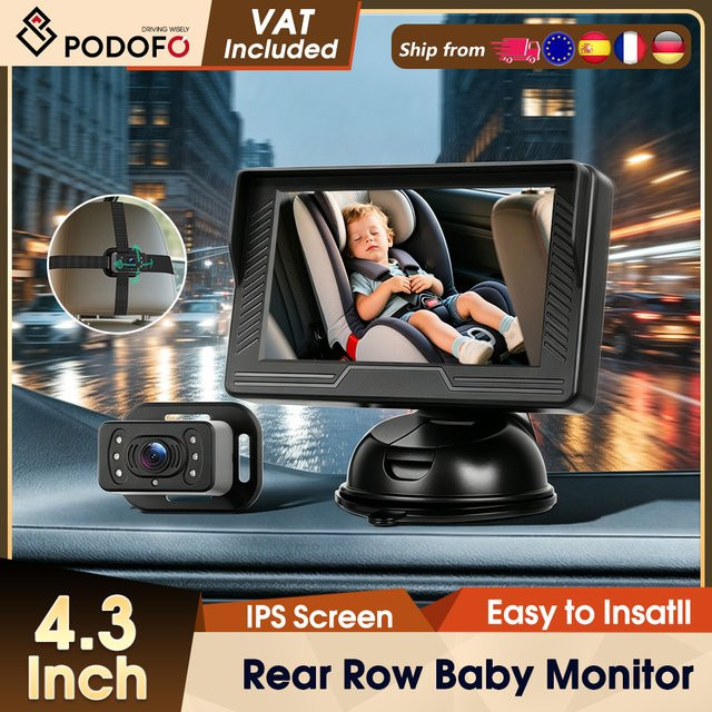 Podofo Dashcam mit 4,3 Zoll IPS-Bildschirm, Nachtsicht und Weitwinkel für die Echtzeit-Babyüberwachung im Auto, Schwarz - Bild 1