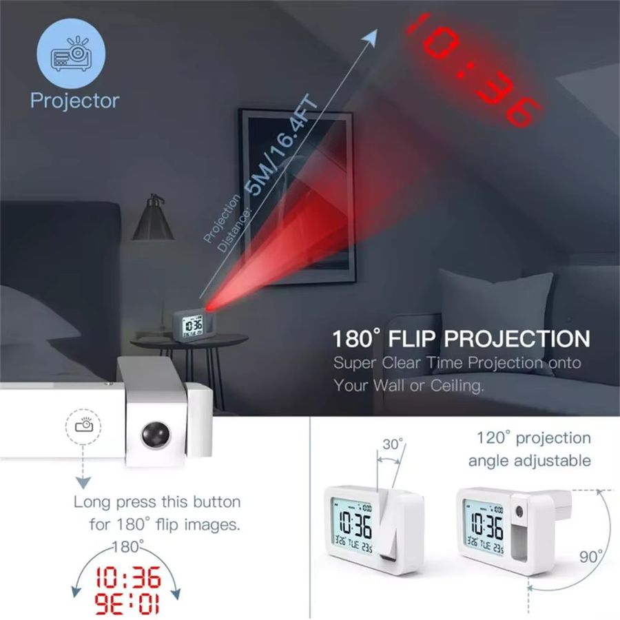 VOCOO Wiederaufladbarer LED Digital Projektionswecker mit Temperaturanzeige in Weiß - Bild 3