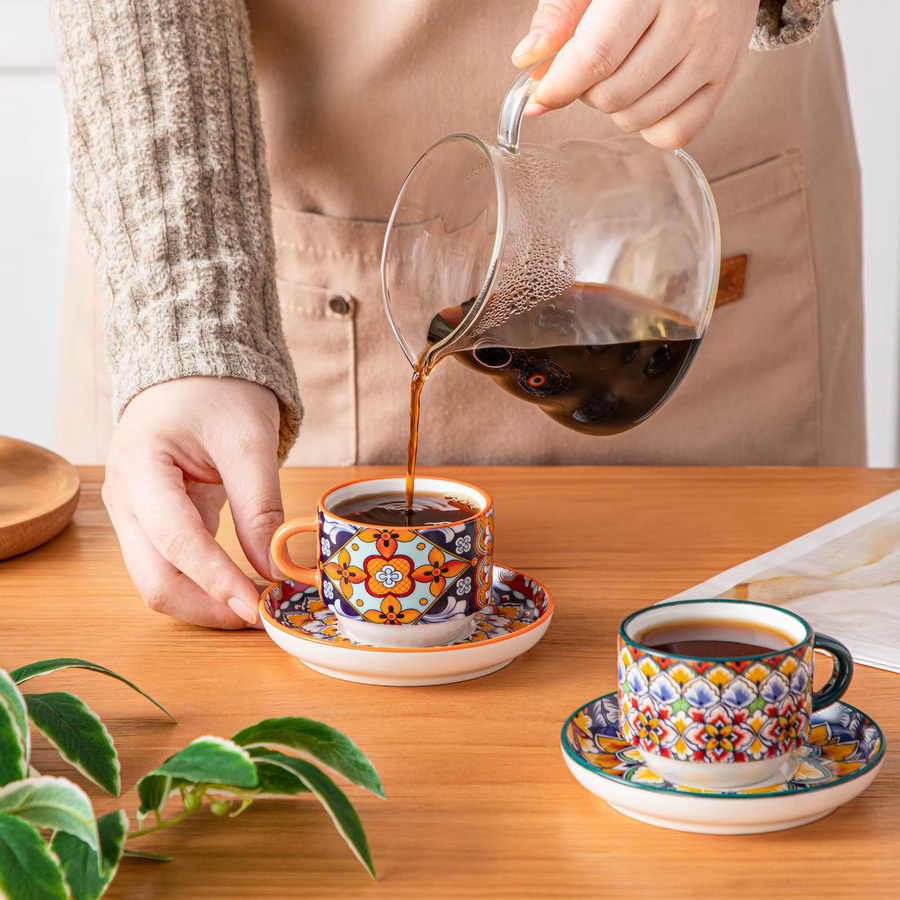 vancasso 6-teiliges Porzellan-Tassenset mit Untertassen und Metallständer, Mehrfarbiges Floral-Design für Espresso, Cappuccino, Latte und Tee - Bild 4