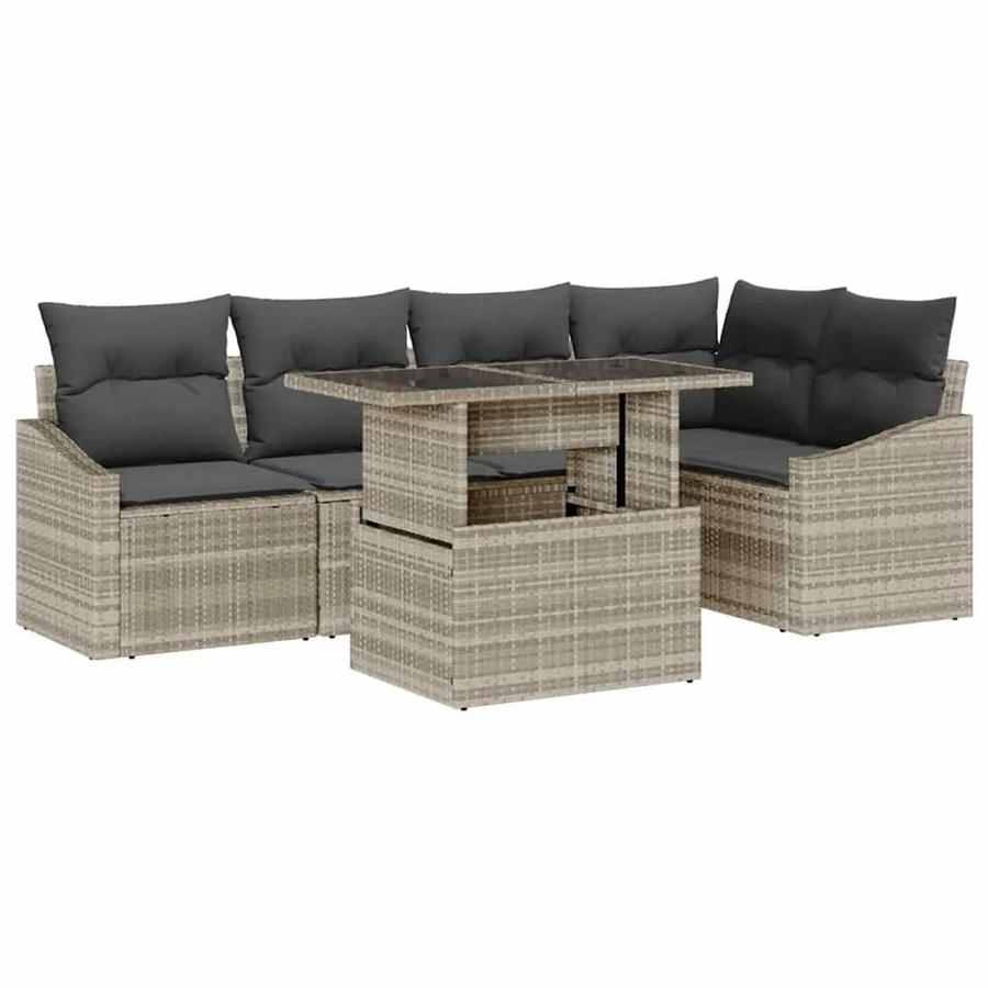 vidaXL Garten-Sofa-Set aus Poly-Rattan mit Kissen und Speicherfunktion, 6-teilig, Hellgrau - Bild 2