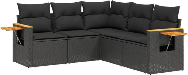 vidaXL 5-tlg. Garten-Sofagarnitur in L-Form aus Poly-Rattan und Metall mit Kissen in Schwarz - Bild 1