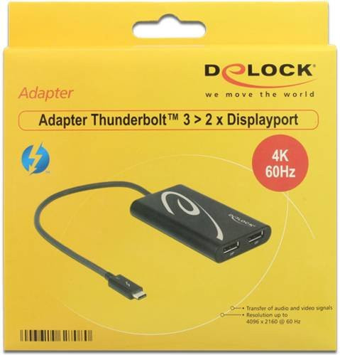 Delock 62708 Thunderbolt zu DisplayPort Adapter mit 1x Thunderbolt 3 Stecker USB-C und 2x DisplayPort Buchse, Schwarz, 0,27 m - Bild 1