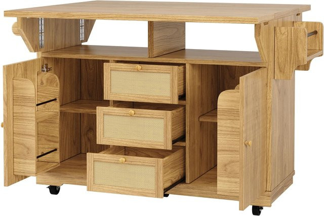 Merax Servierwagen mit Klapptisch in Naturbraun mit PE-Rattanschubladen und Rollen - Bild 1