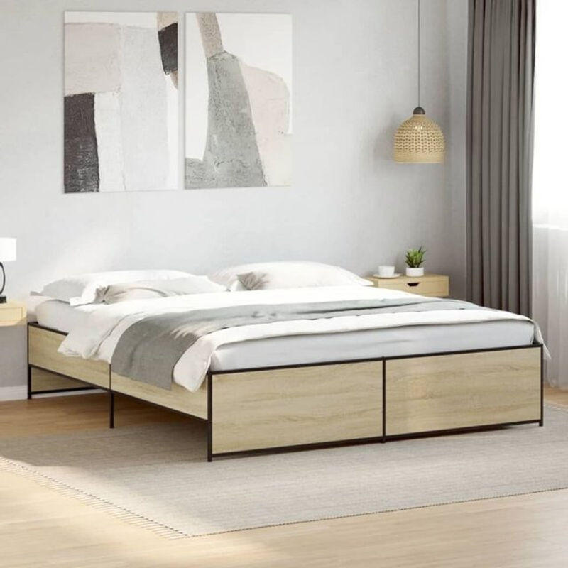 Vidaxl Doppelbett Bettgestell Sonoma-Eiche in Braun und Eiche Natur aus Holzwerkstoff und Stahl B/T/H: 180 x 200 cm - Bild 1