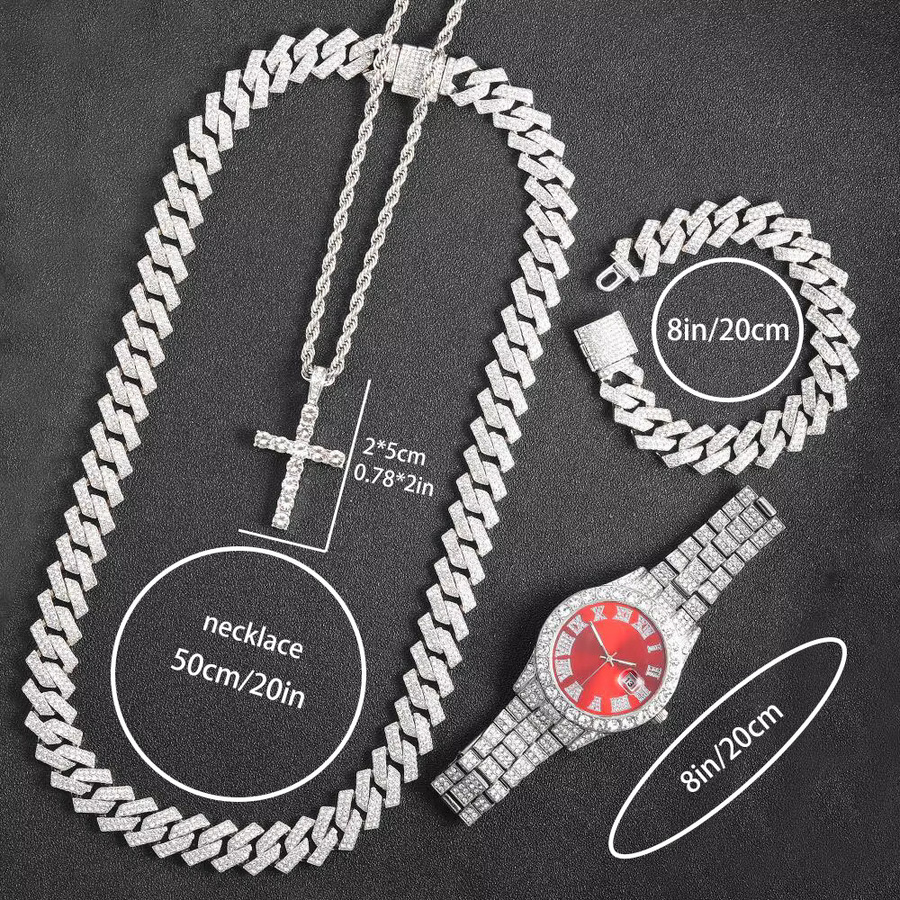 Schmuckset, Quarzuhr, Halskette mit Kreuz Anhänger, Edelstahl, Silber, Herren - Bild 1