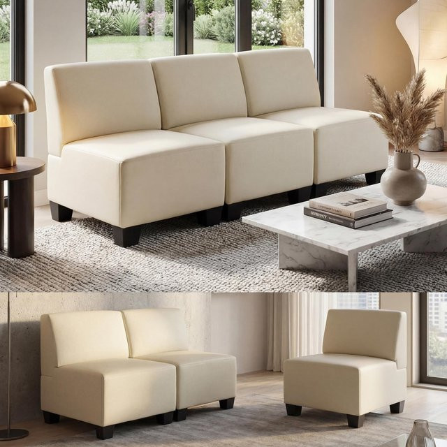 Modular 3-Sitzer Sofa Moncalieri MCW aus Kunstleder in Beige ohne Armlehnen - Bild 1