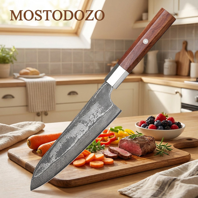 MOSTODOZO 7-Zoll Japanisches Santoku-Messer aus 67-lagigem Damaszener Stahl mit Holzgriff in Braun - Bild 1