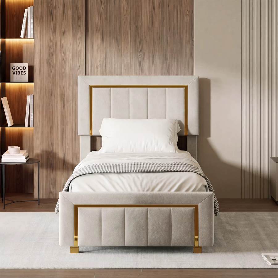 FEEOHOME Polsterbett mit Stauraum in Cremeweiß und Gold, Einzelbett aus Samt mit höhenverstellbarem Kopfteil und Gasdruckfeder, B/T: 90 x 200 cm - Bild 4