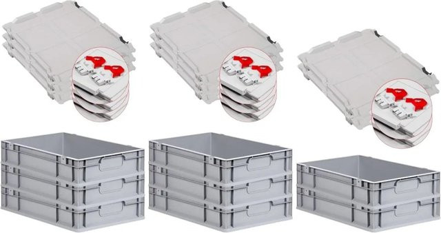 PROREGAL Spar Set 8x Eurobox Nextgen Economy mit Scharnierdeckel und roten Schiebeschnappverschlüssen, Grau, H x B x T: 12 x 40 x 60 cm - Bild 1
