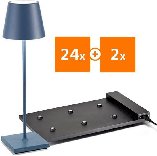Zafferano Poldina Pro LED-Akkuleuchten Set mit 24 Tischleuchten und 2 Multikontakt-Ladestationen in Blau, dimmbar, IP65 wetterfest - Bild 1