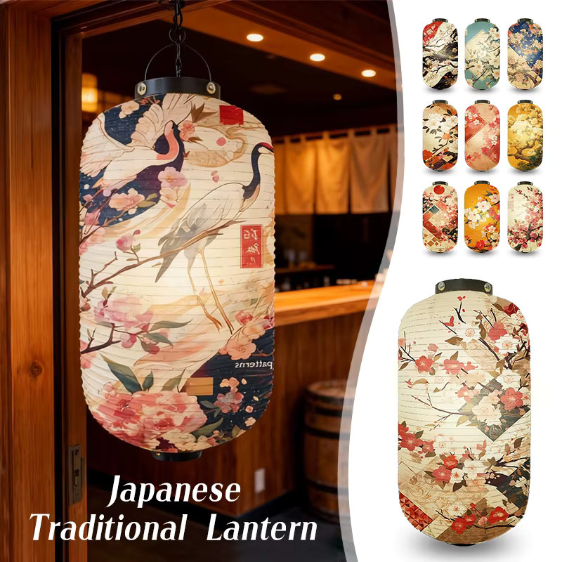 Japanische Hängelaterne im orientalischen Stil mit Sakura-Kranich-Print, mehrfarbig mit schwarzem Akzent, aus Papier für Garten und Restaurant-Dekoration - Bild 2