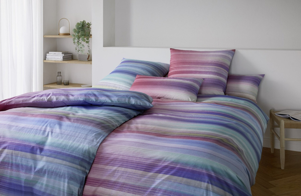 Mako-Batist Bettwäsche Swoosh Streifen Blau Pink Grün mit Bettbezug und Kissenbezug aus Baumwolle B/H: 135 x 200 cm, Kissen: 80 x 80 cm - Bild 1